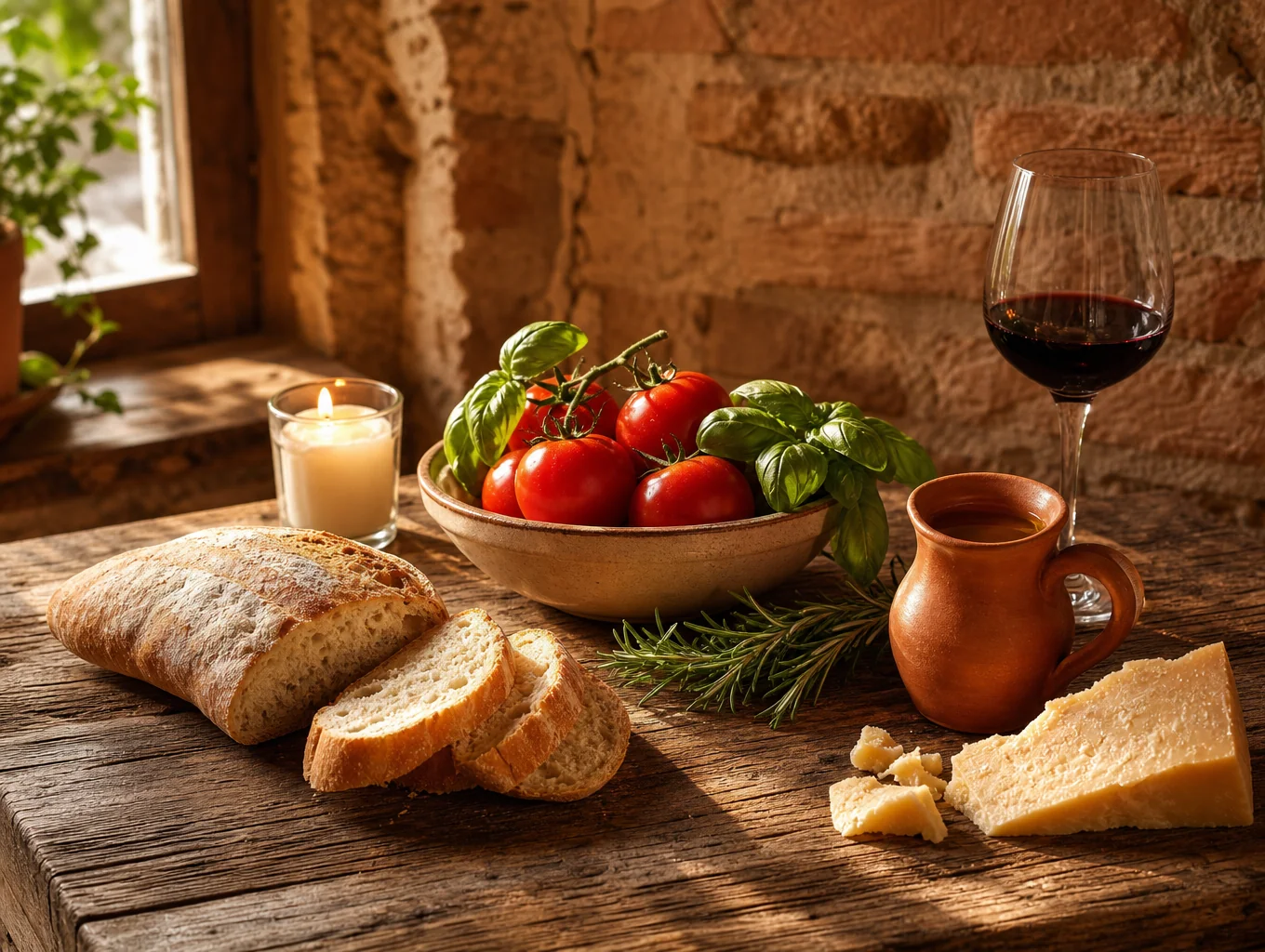 Artisanal ingredients arranged on a rustic wooden table in warm morning light