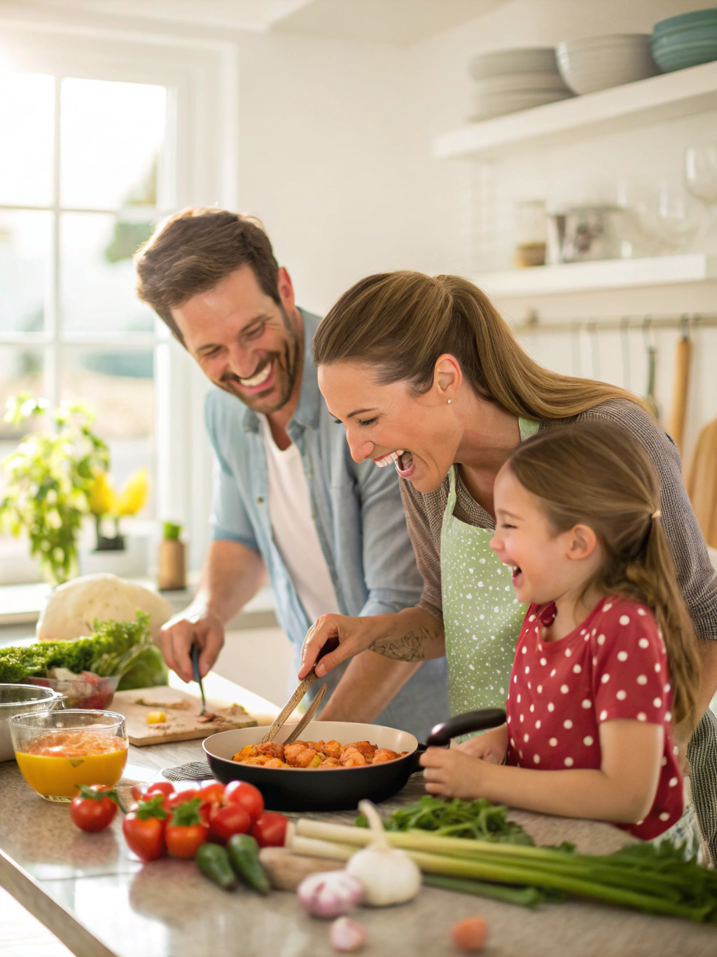 Family preparing a meal together in a modern kitchen