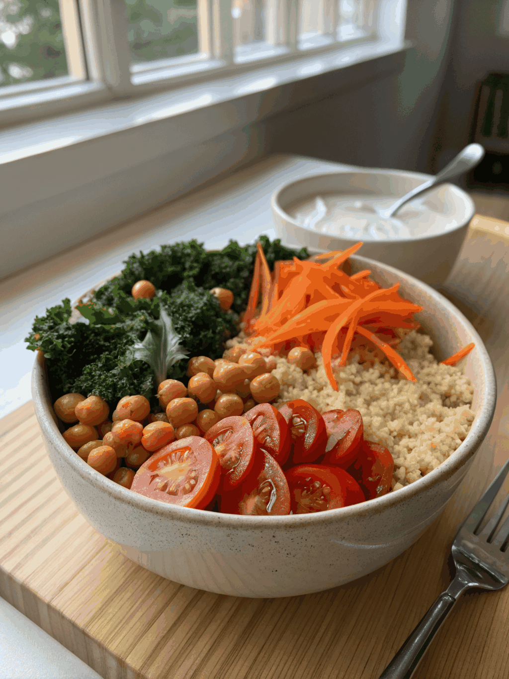 Fresh quinoa bowl with roasted chickpeas