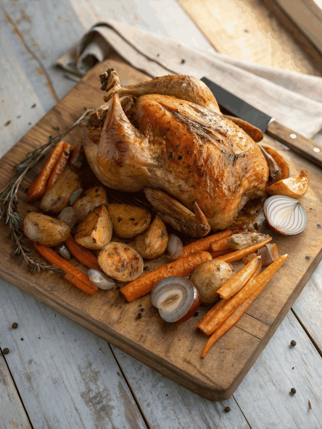 Golden roast chicken with root vegetables